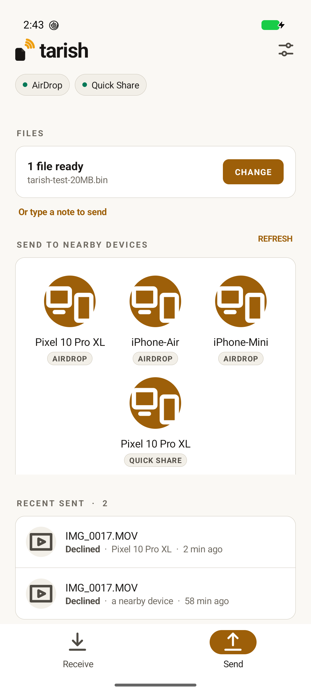 Send: Apple and Android peers in one list, each badged with the protocol that will carry it.