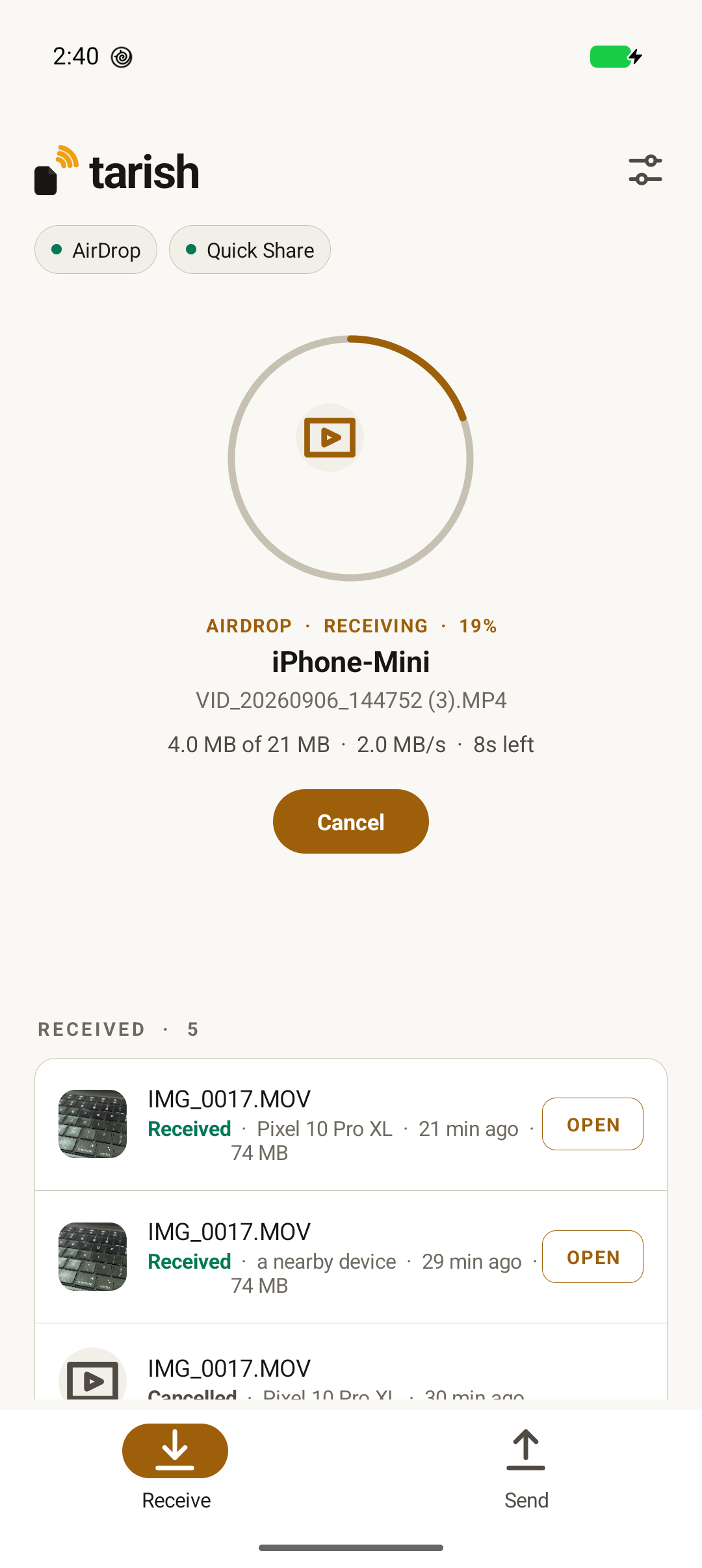 Receiving over AirDrop: From an iPhone, with the live rate and what is left.