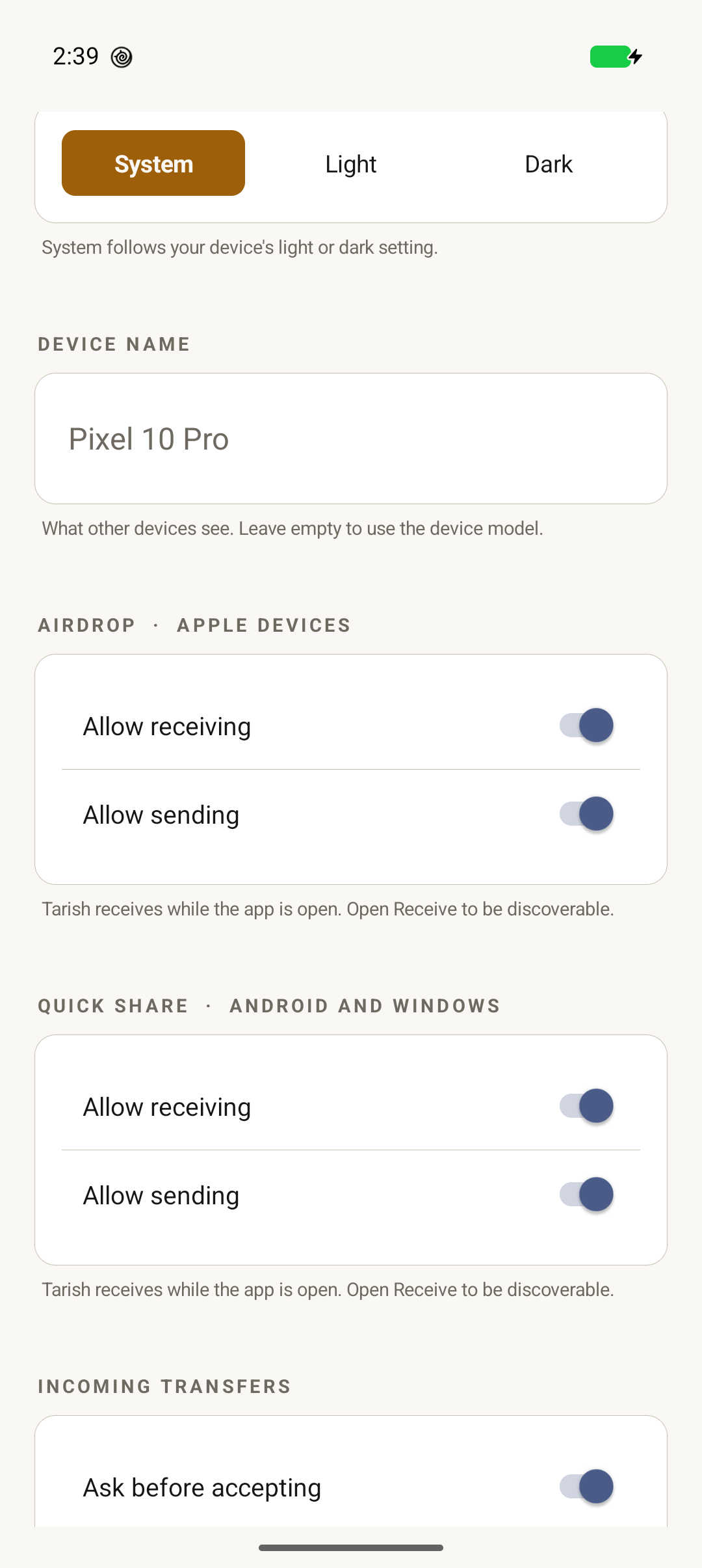 Settings: Send and receive per protocol, and the name other devices see.